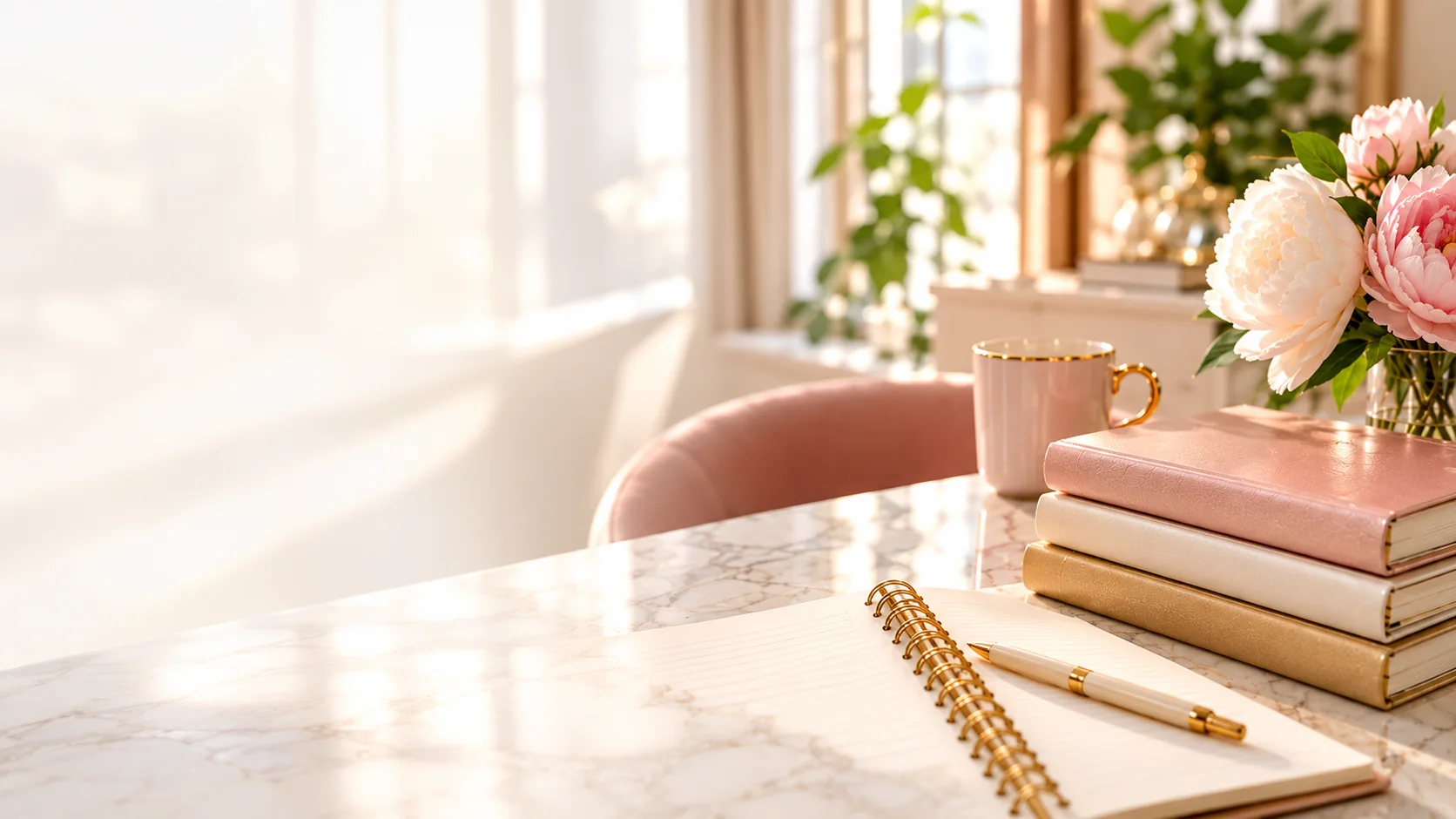 Elegant desk with journals, pink mug, and peonies.